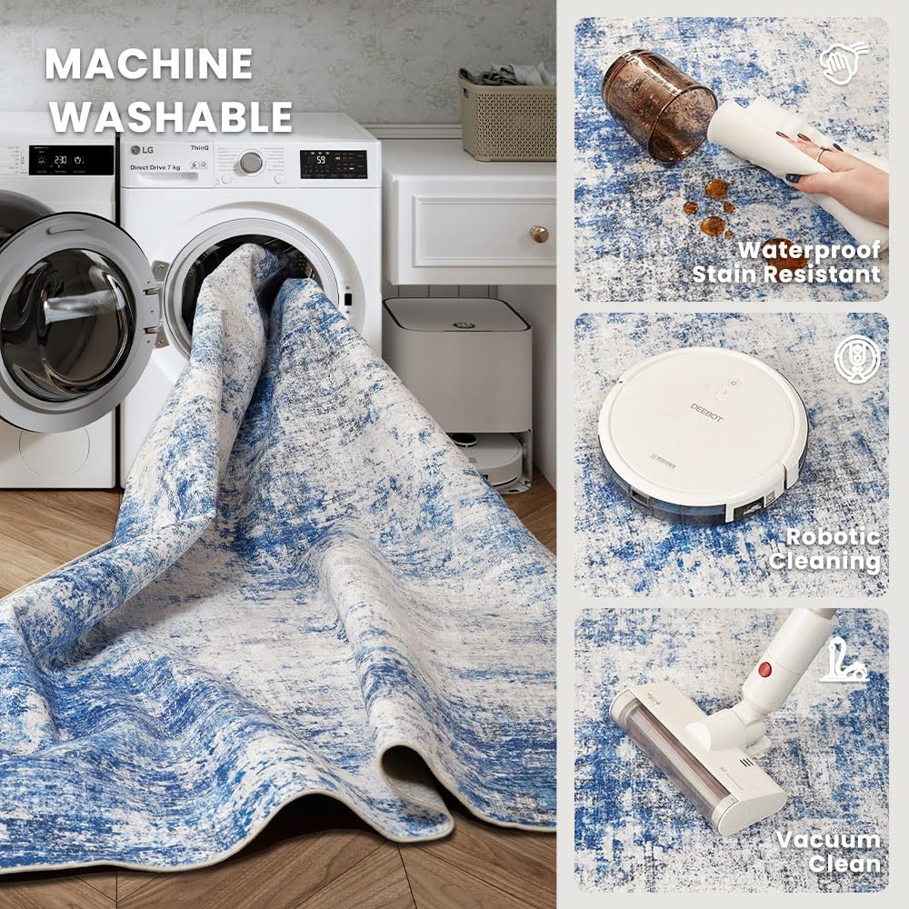 4x6 Blue/Gray Washable Area Rug for Living Room, Dining Room, Bedroom, Large Carpets, Non Slip & Non-Shedding Low Pile Vintage Print Rug for Home Office Decor