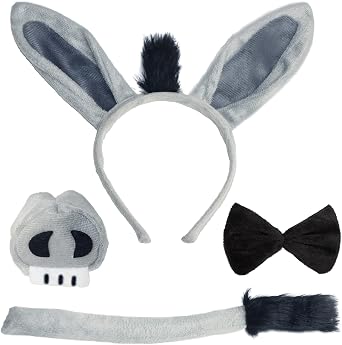 Donkey Costume Accessory Set- Donkey Ears Headband Tail Nose and BowTie, Animal Props Halloween Cosplay Kit 4 Pieces