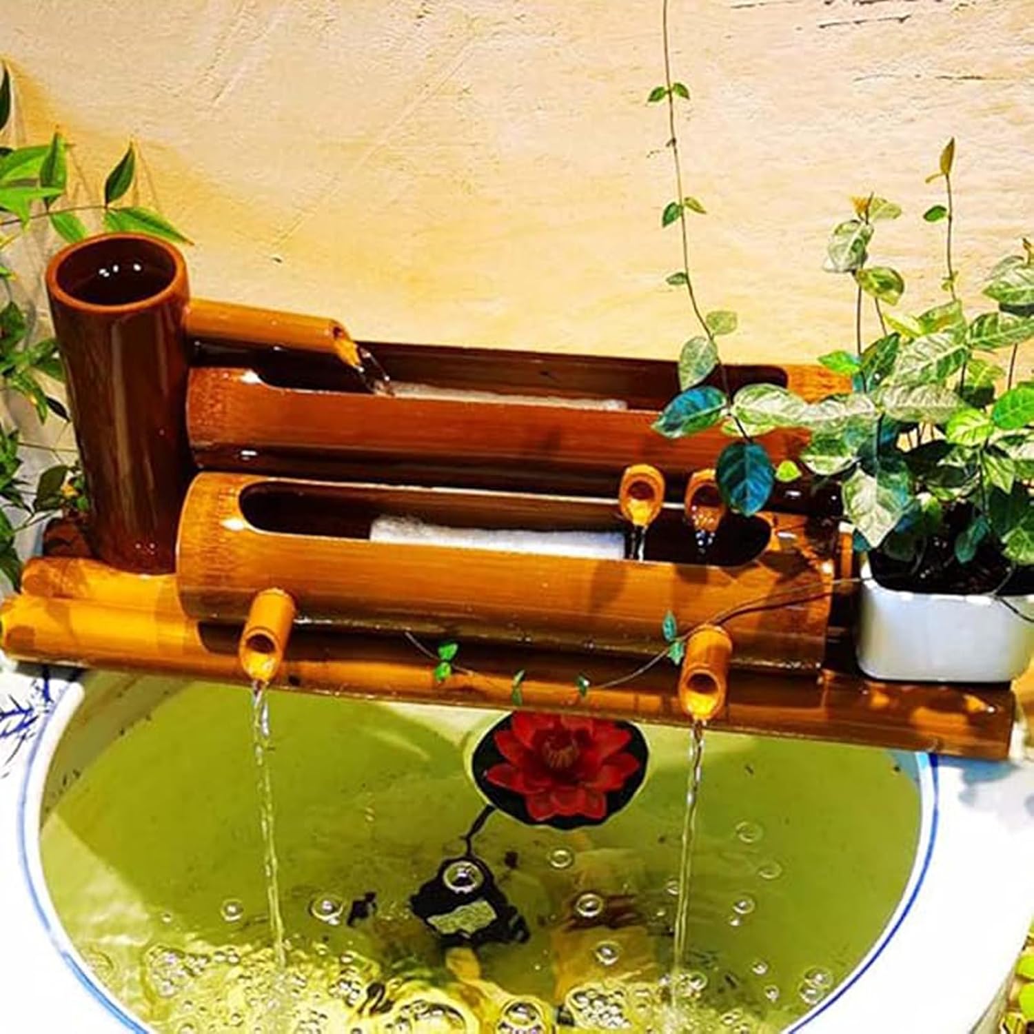 Handcrafted Bamboo Fountain Kit, Zen Water Feature with Pump, Indoor Pond Circulating Ornament, Freestanding Feng Shui Decoration for Balcony, Patio, Fish Tank, Garden, 14in(35cm)