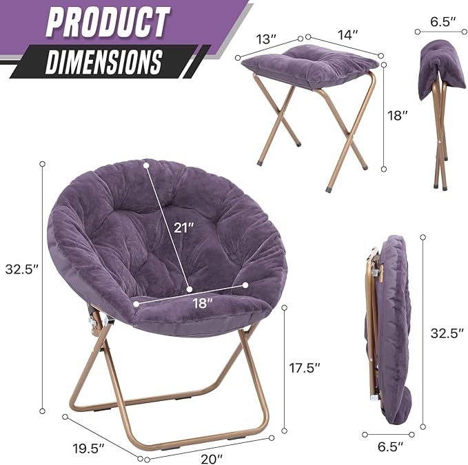 Sillón Plegable Redondo de Peluche con Puff Incluido Púrpura miniatura 2