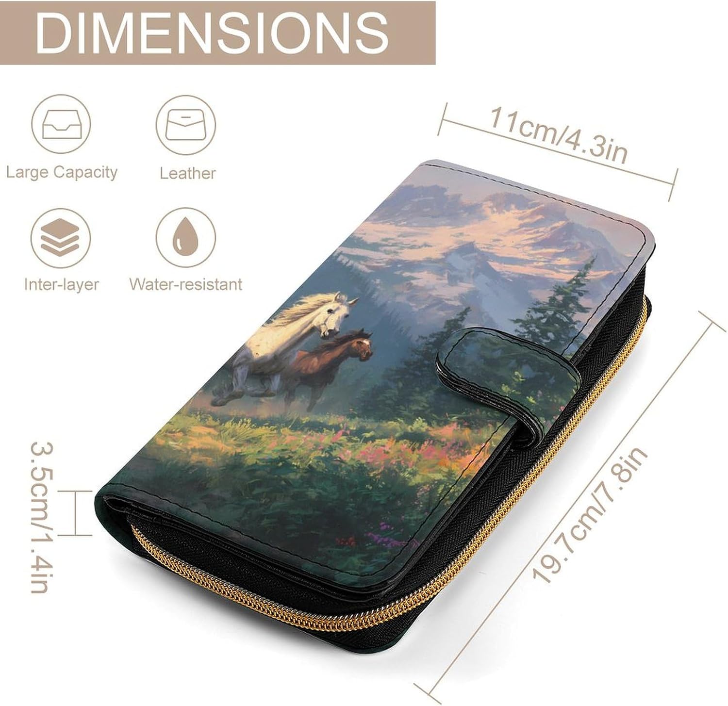 Wild Horses Galloping Snowy Mountains Clutch Purses for Women Long Wallet Coin Pouch Card Holder with ID Window