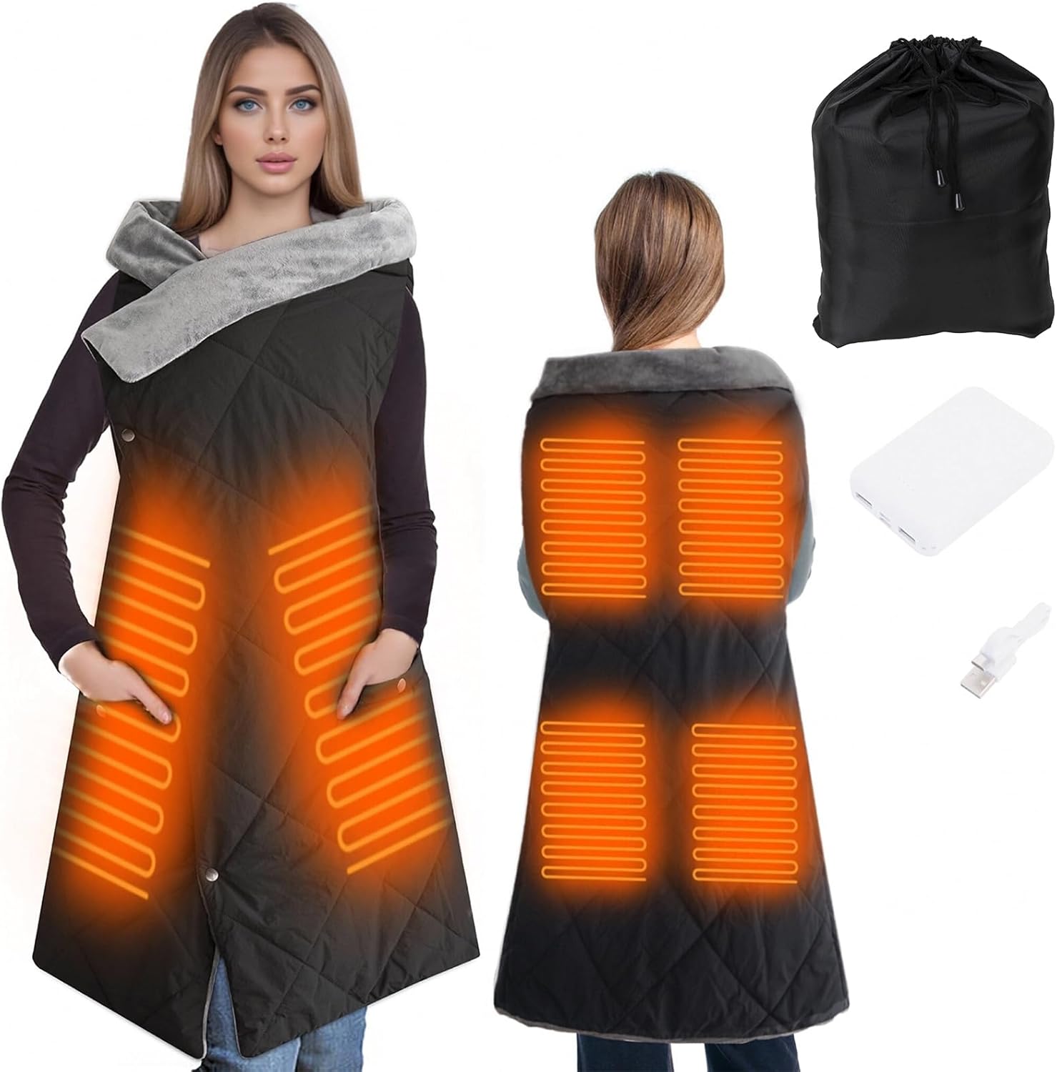 Outdoor Heated Blanket Battery Operated for Stadium, Portable Heating Wearable Blanket with Rechargeable Battery, Cordless Electric Heating Shawl for Outdoors, USB Heated Throw Blanket