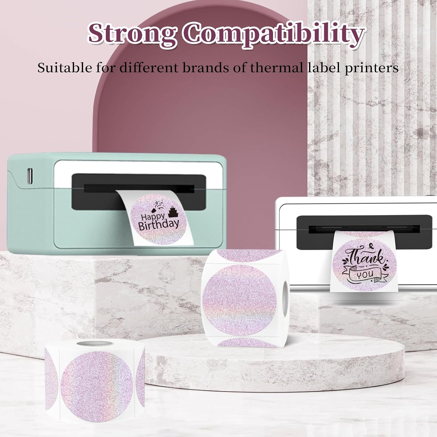 2 Inch Holographic Thermal Labels,Pink Round Thermal Printer Labels,Printable Round Thermal Printer Labels Self-Adhesive Direct Thermal Label(300 Labels/Roll Pink) image 4