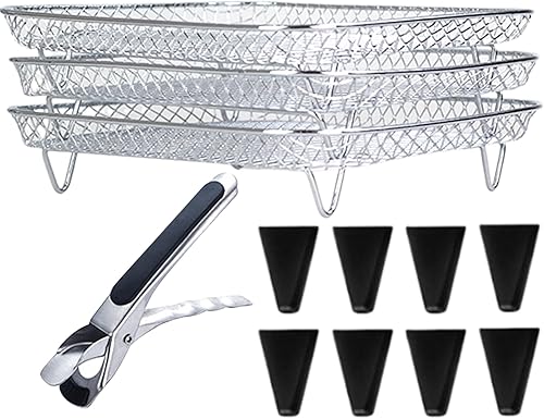 Miniatura 5 de Estante para freidora de aire, 3 capas de acero inoxidable, estante apilable para freidora de aire con 8 pies de silicona para horno, olla de