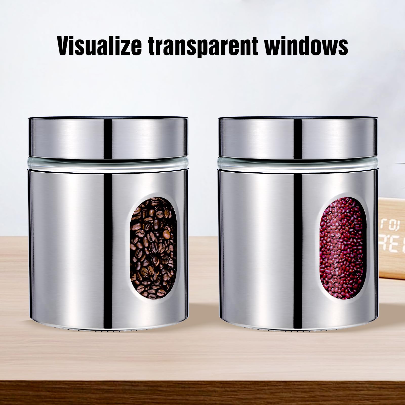 4-teiliges Küchendosen-Set, Edelstahl, Glasdosen, luftdicht, für Kaffee, Zucker, Tee, Süßigkeiten, Lebensmittelbehälter mit Deckel, für Mehl, Kekse, Gewürze, Körner, Küche, Backen, Heimdekoration