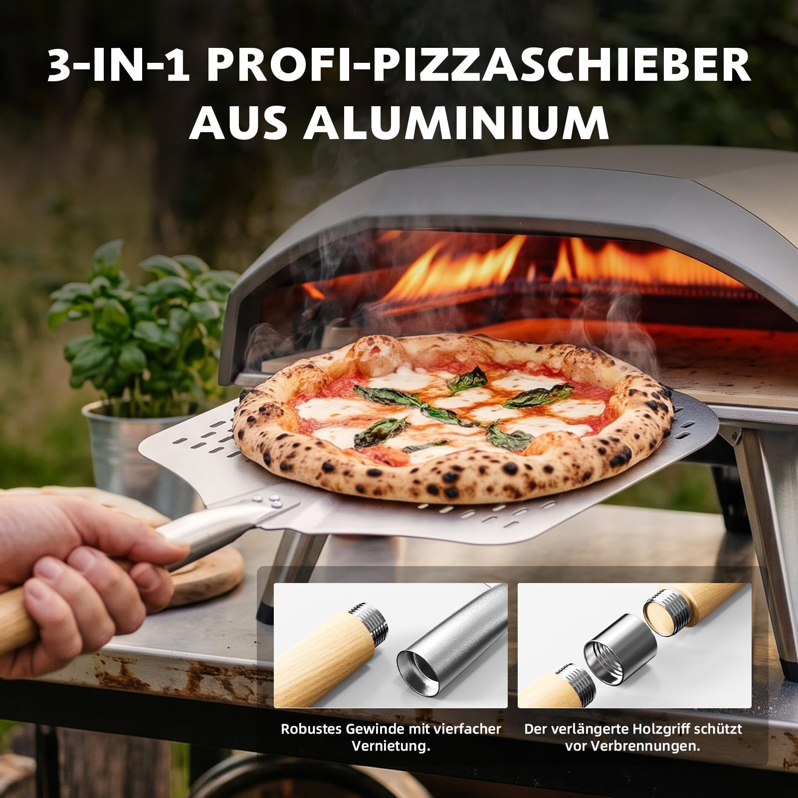 Funtery Pelle à pizza perforée avec manche en bois en 2 parties, 30,5 × 30,5 cm