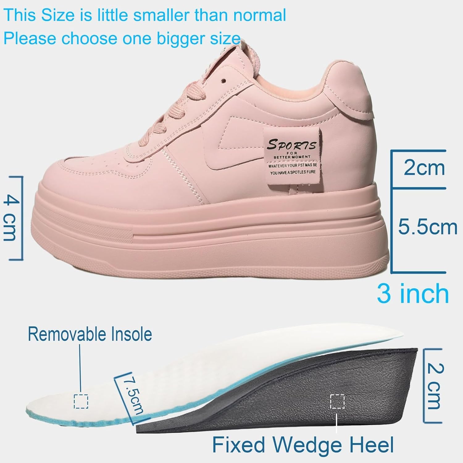 3 inch Platform Sneakers for Women - Chunky White Leather Shoes with 5.5cm Heel & 2cm Platform Shoes, Cushioning Comfortable Footwear for Walking, Casual Women's Fashion Sneakers Non slip sole - Image 3