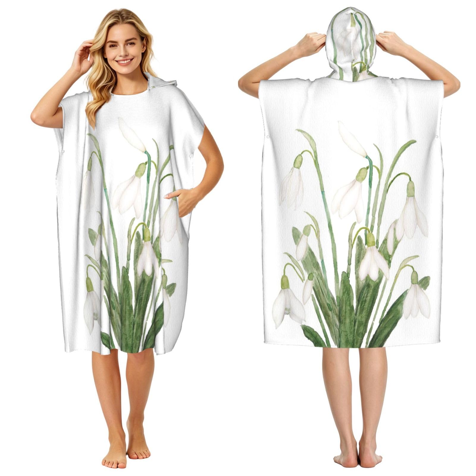 Poadnly White Snowdrop Flower Botanical Watercolor Painting, Adult Hooded Beach Towel 90 x 110 cm,Changing Bath Robe, Surf Poncho Towel For Women Men