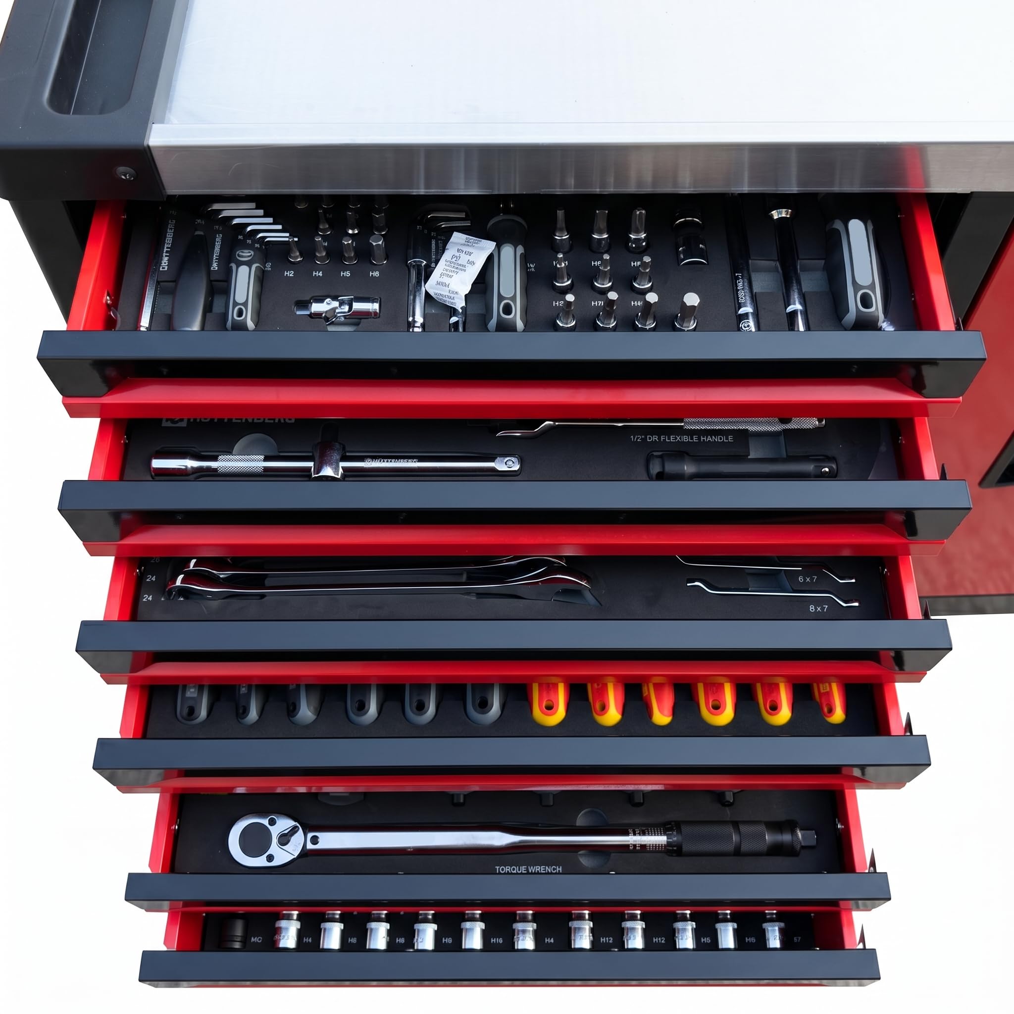 GrecoShop Carrello XXL Attrezzi Professionale Completo 7 Cassetti + 1 Armadietto, Utensili Inclusi, Chiusura a Chiave, Organizer, Ruote, Struttura Rinforzata, Carbon Look, Ideale per Garage Officina