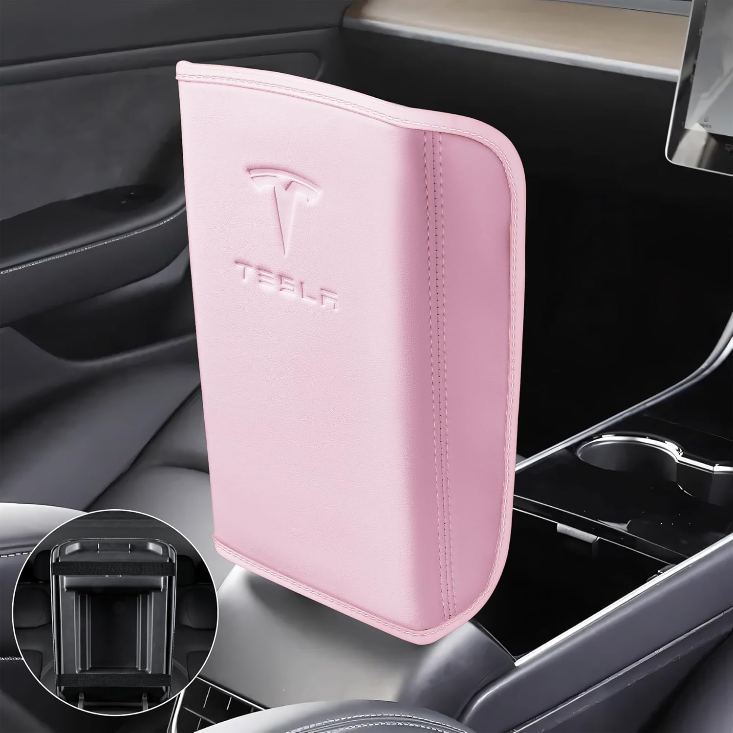 Center Console Leather Armrest Cover Designed for Tesla Model 3 2017-2023/Model Y 2020-2025,Center Console Accessories for Tesla Model 3/Y Interior Light Pink