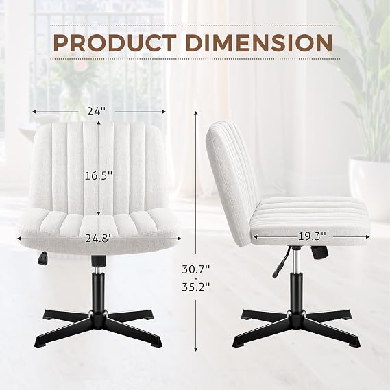 Shahoo Criss Cross Legged Office Desk Chair, Armless Swivel Wide Padded Height Adjustable Fabric, Beige