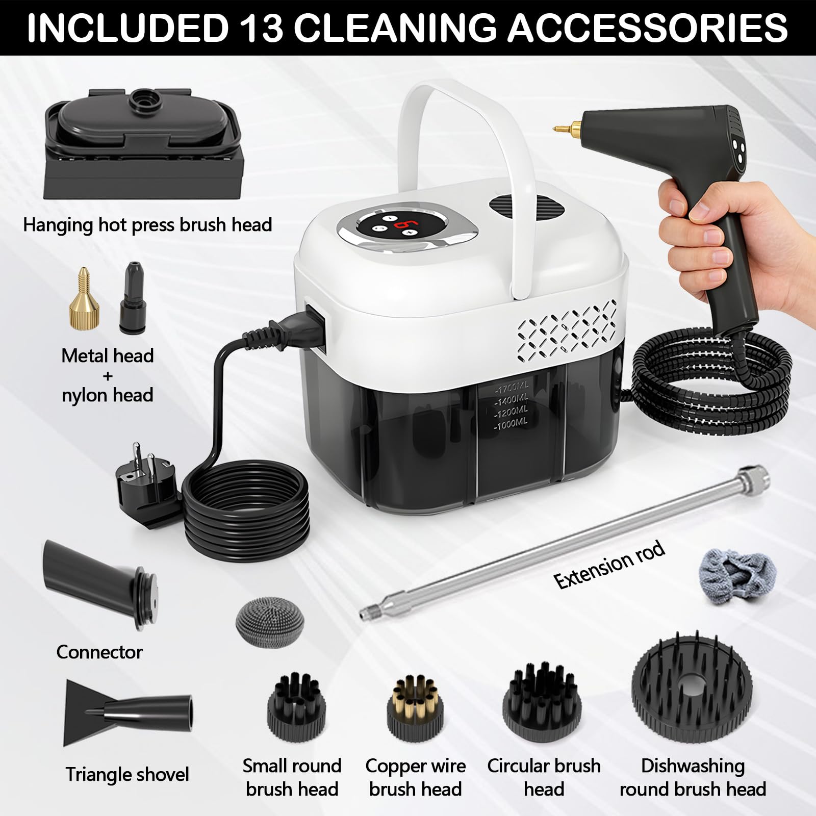 Limpiador a Vapor 2500W, Vaporeta de Mano Portátil 1700ml, Alta Temperatura para Ventanas, Cocina, Piso