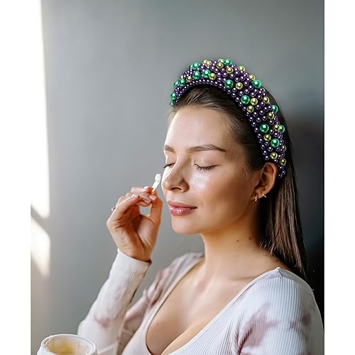 Miniatura 5 de Diadema de Mardi Gras para mujer, diadema acolchada con perlas de color morado, verde y dorado, diadema con diamantes de imitación, diadema ancha