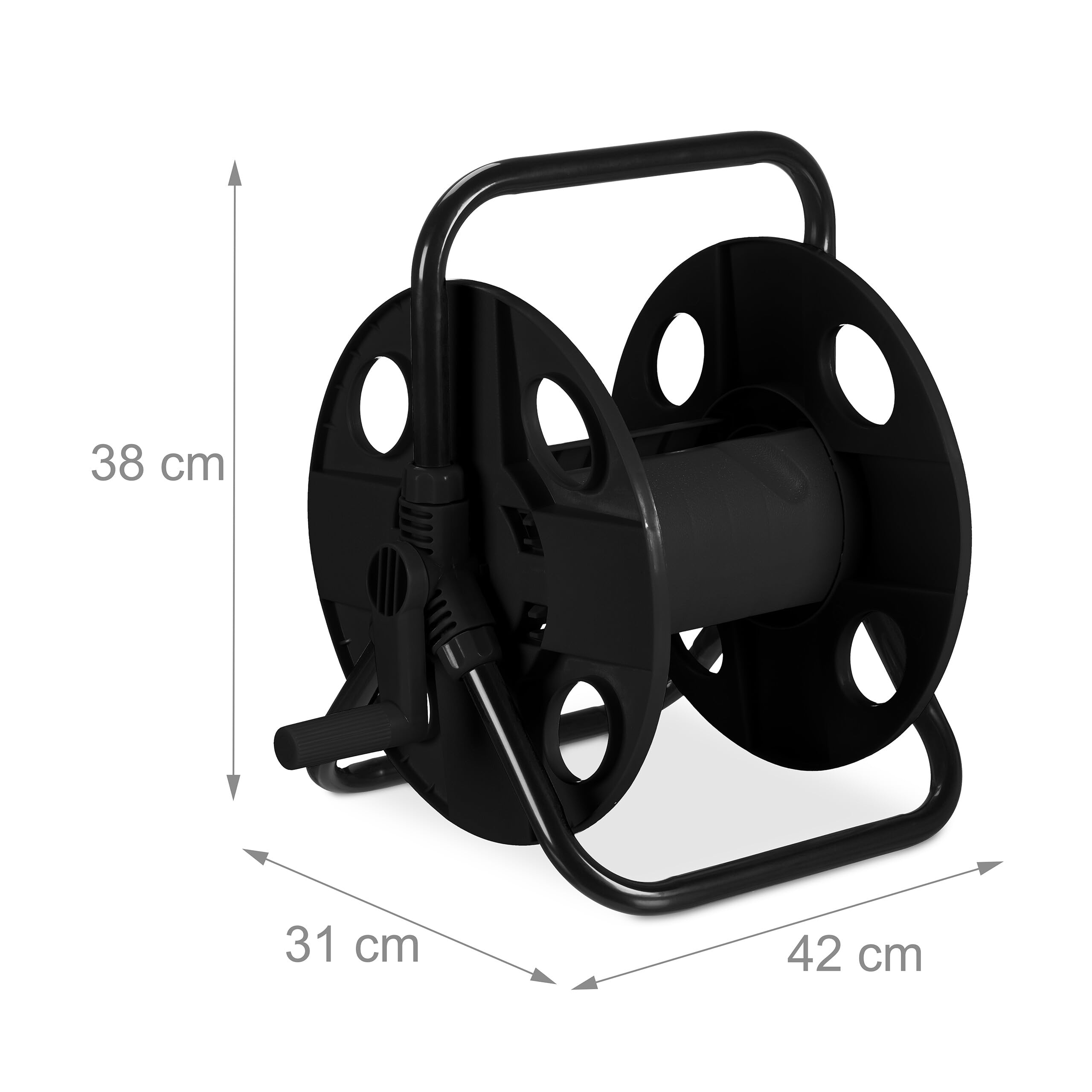 Relaxdays Portamangueras, para Mangueras de 30 m 1/2", Acero, Plástico, Enrollamangueras, 38 x 42 x 31 cm, Negro