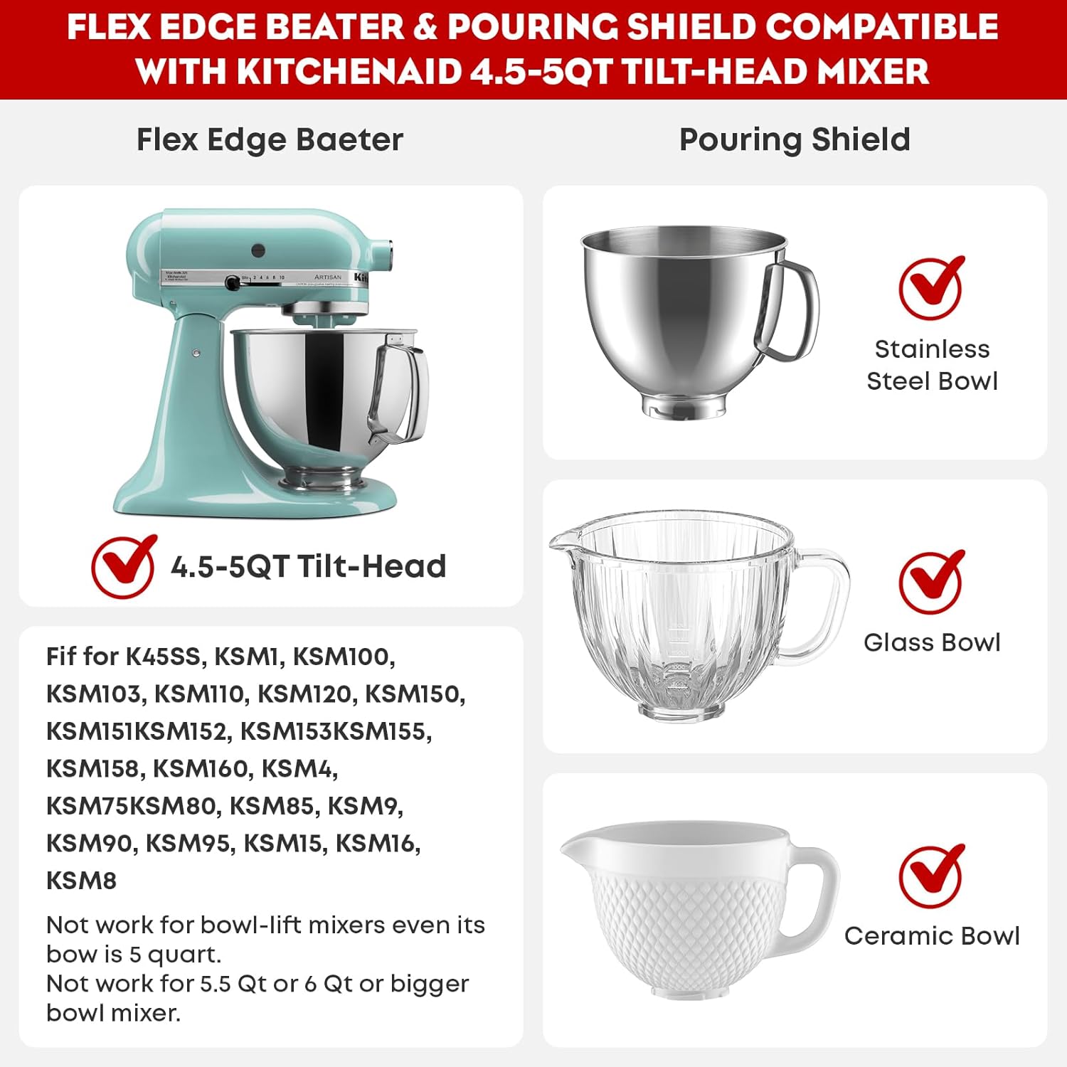 Pouring Shield & Flex Edge Beater for Kitchenaid Mixer - Fits 4.5~5QT Bowls (Stainless Steel, Glass, Ceramic) - Attachment for Kitchenaid Mixers
