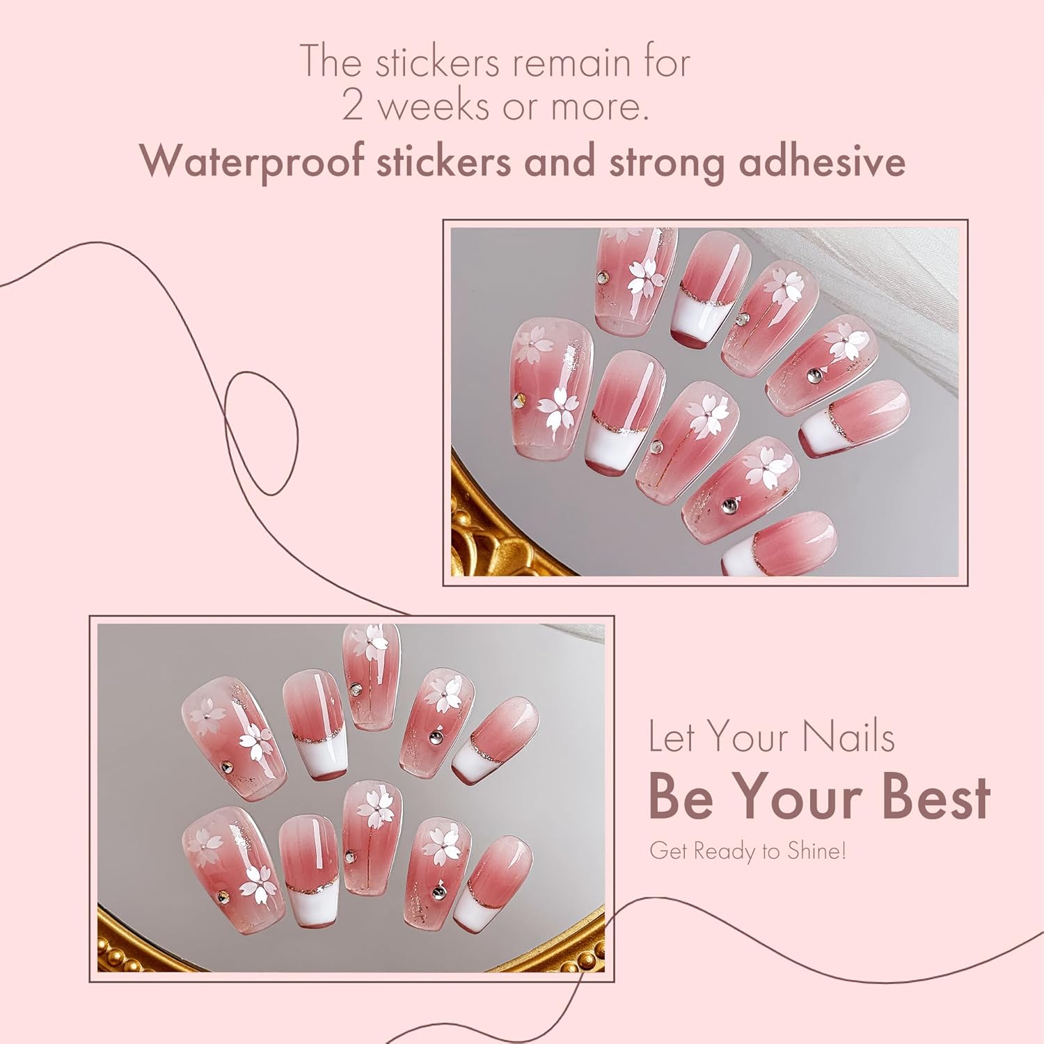 Veil Press On Nails 10pcs, Pink Cherry Blossom Gradient UV Gel/Acrylic False Nails, Elegant Floral French Tip Spring Blossom Nail Art for Women, Cute Pastel Flower Soft Glam Nail Set (Pink, L)
