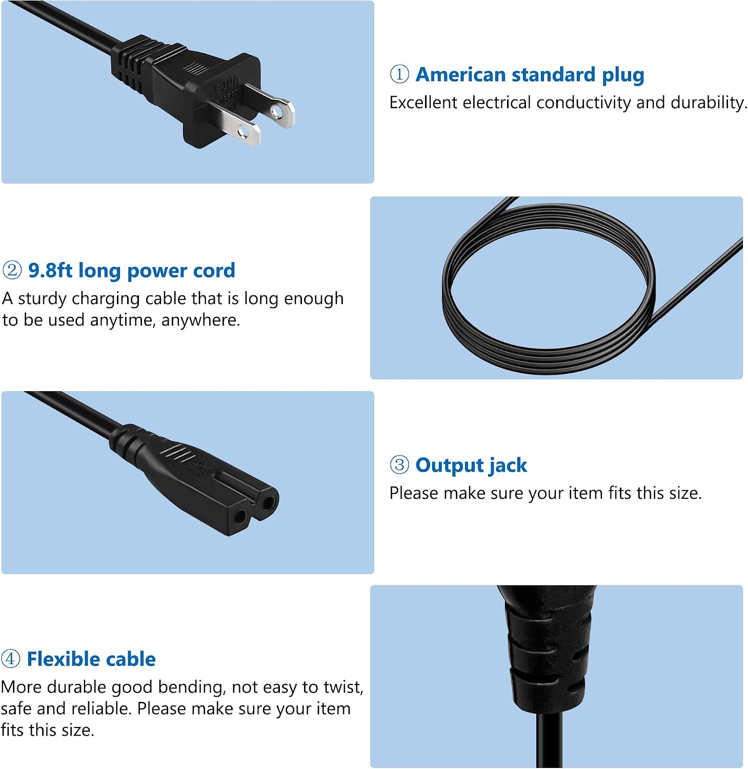 9.8FT Sewing Machine Power Cord,FNKTQL AC Power Cord Cable,2-Prong Power Cord Compatible with Brother, Singer, Bernina, Baby-Lock, Viking, Pfaff Sewing Machine