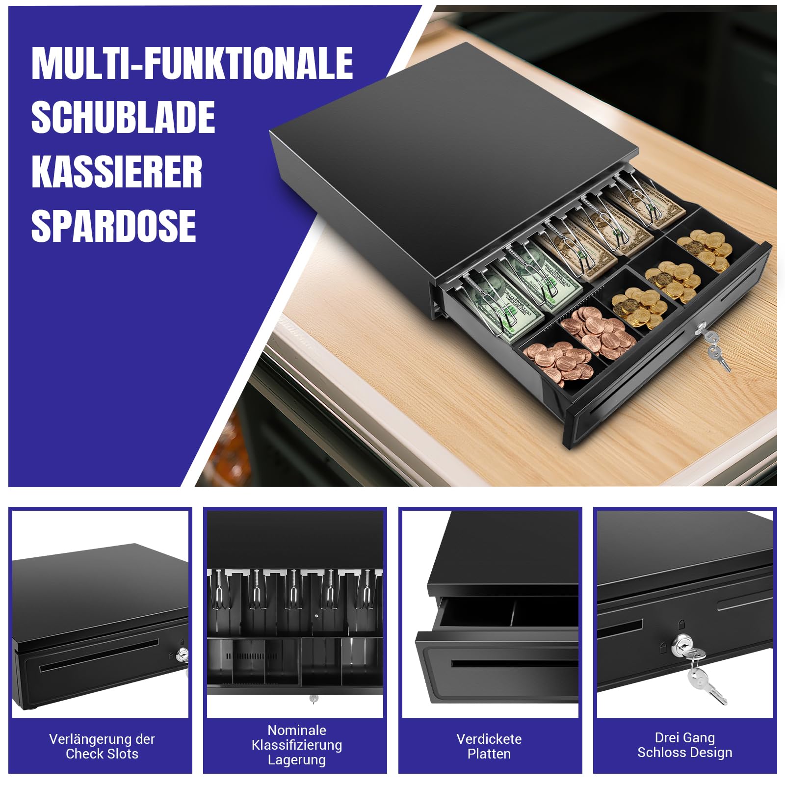 Cash Drawer box Storage Holder 5 bill & 5 vassoi portamonete rimovibile auto manuale Open Key Lock RJ11 interfaccia per registratore di cassa stampante POS negozio supermercato hotel, UK stock