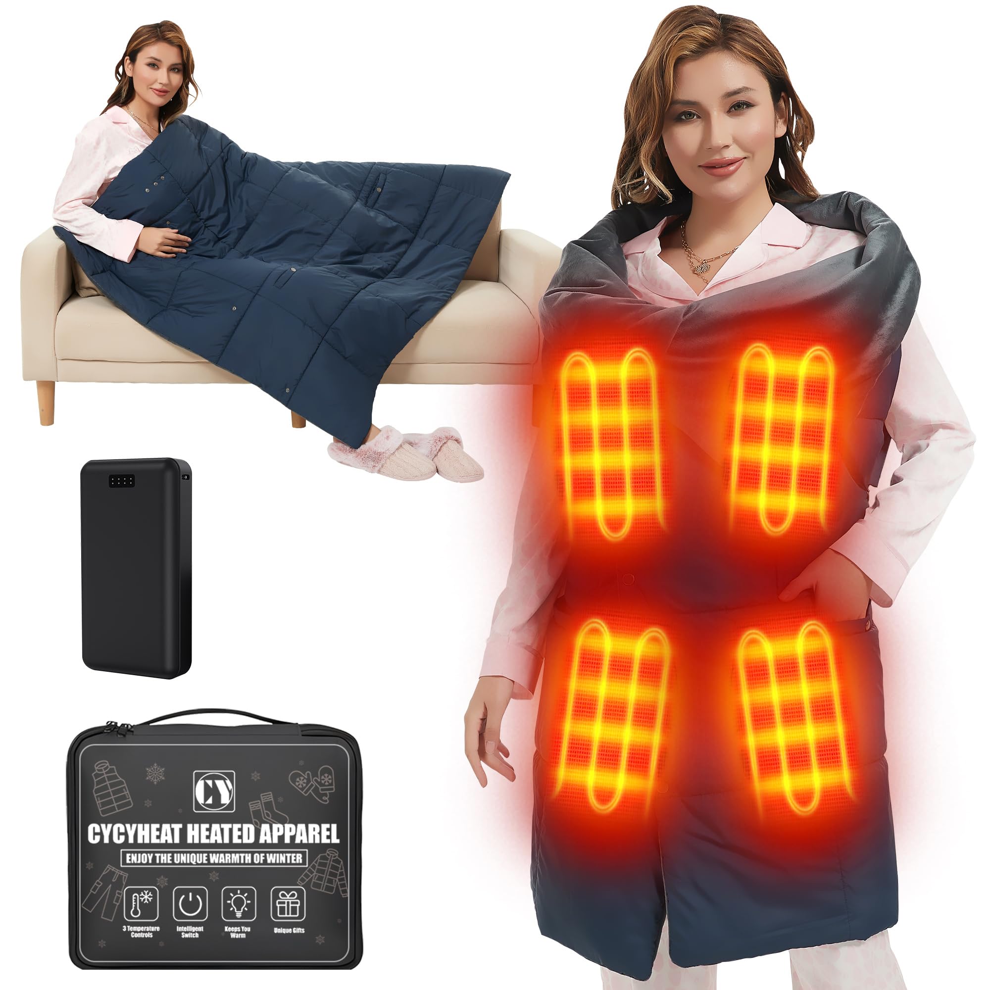 Coperta elettrica senza fili, con batteria da 20000 mAh, 7,4 V, per uomo e donna, 132 x 110 cm, portatile, con 8 zone di riscaldamento e 3 livelli di temperatura per casa e ufficio