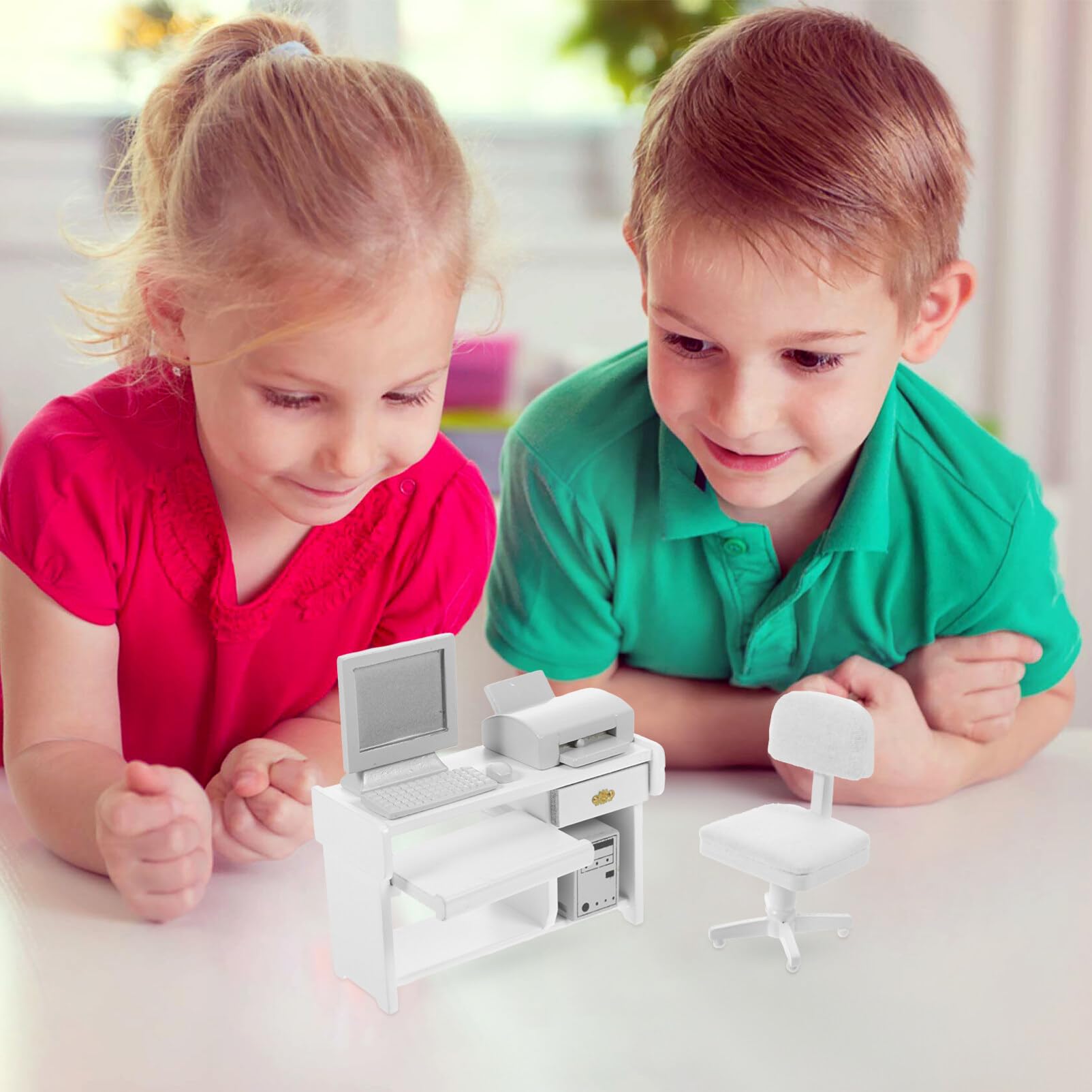 TOYANDONA 1 Set in Legno Computer Stampante Decorazioni Accessori Scrivania in Miniatura Modello Mini Scrivania Scrivania Scrivania Giocattoli Miniatura Mobili da Ufficio Bianco