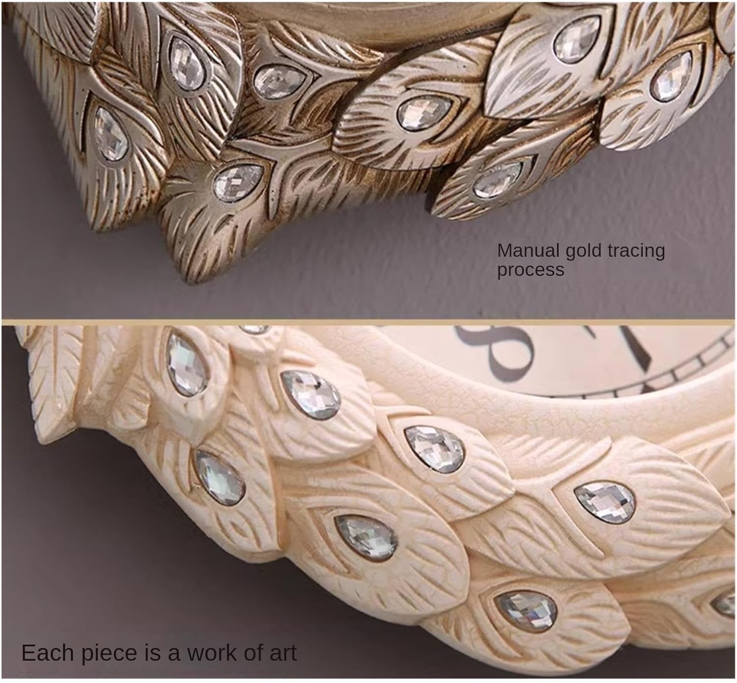 Mantel Clock Retro Peacock Desk Clock Vintage Non-Ticking Table for Living Room Indoor Decoration Living Room Decorative(Champagne Gold)