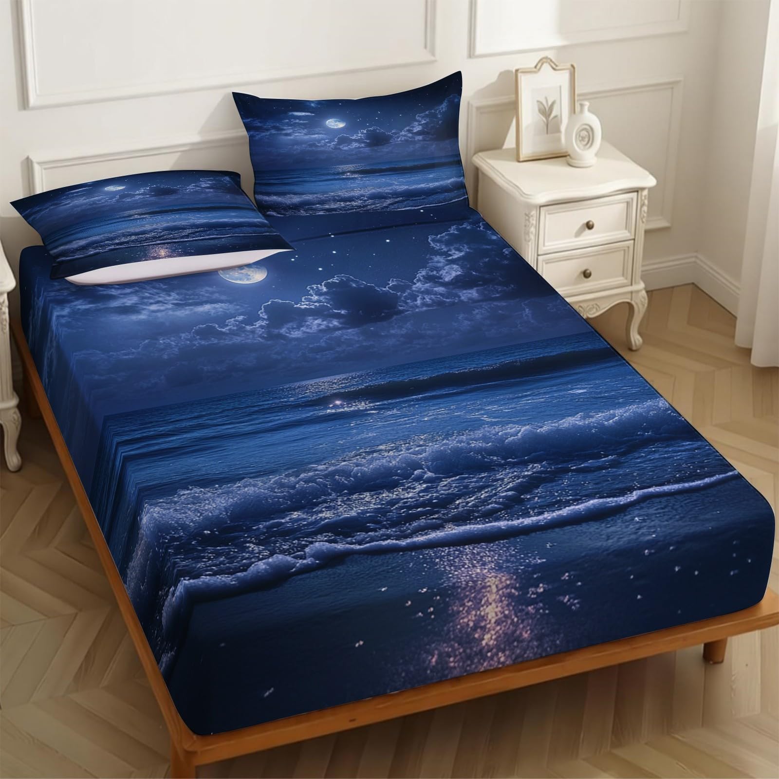 Lenzuolo con Angoli 180 x 200 cm Microfibra Vista notturna della spiaggia Lenzuolo Sotto Elasticizzato Profondo 25 cm blu per Singolo e Matrimoniale