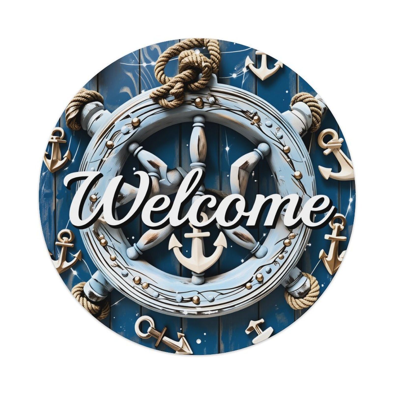 Nautical Theme With Anchors And Rope Round Tin Sign Vintage Metal Poster, Home Bar Garage Man Cave Cafe Indoor & Outdoor Wall Decoration 8x8Inches