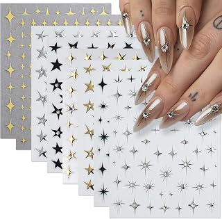 8 Sheets Star Nail Stickers for Nail Art, 3D Nail Gem Sticker Rhinestones, Gold Silver White Black Star Design, Self-Adhesive Nails Stars Decals for Manicure Tips Decoration Supplies