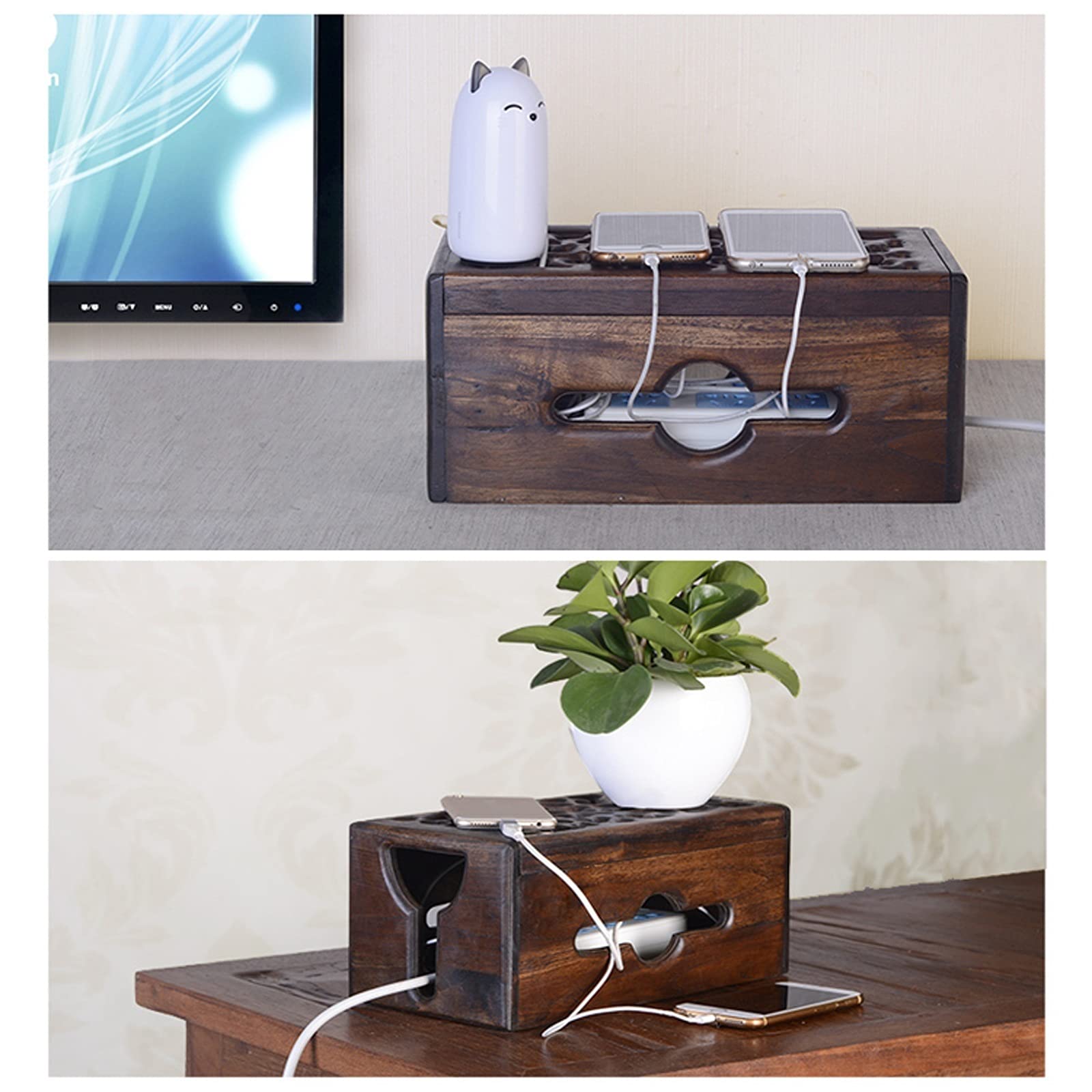 ordenador de cables, Caja de almacenamiento enchufe alimentación Cable grabado a mano madera con tapa abatible, grande for el hogar