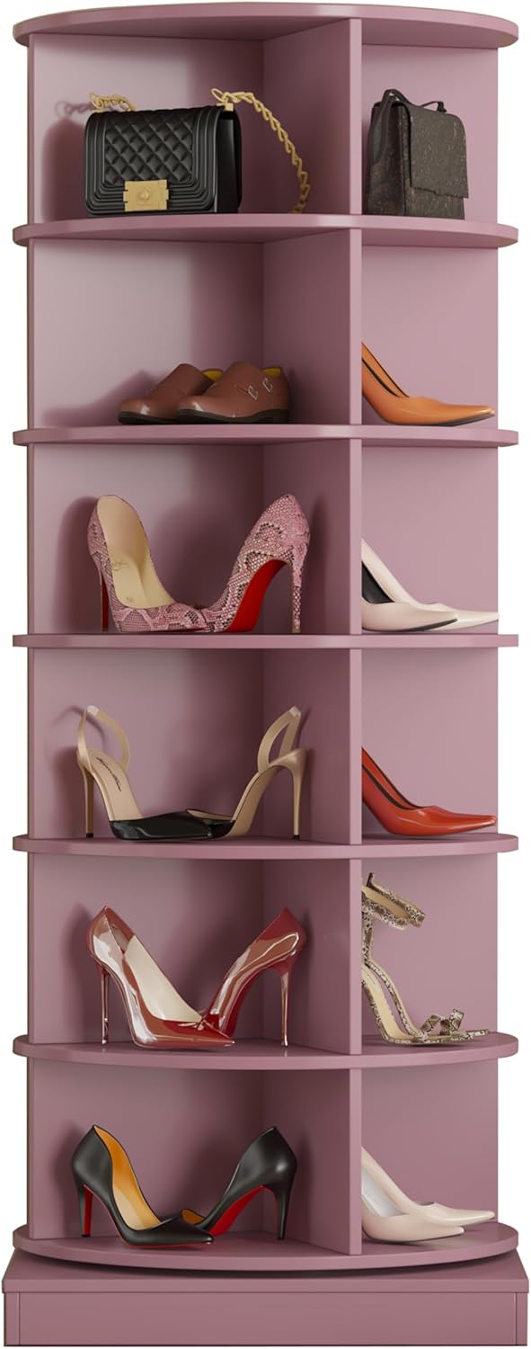 SSLine 6 Tier Rotating Shoe Rack Tower, 360°Spinning Shoe Rack Organizer Hold Over 24 Pairs of Shoes Lazy Susan Revolving Shoe Storage Rack Vertical Handbag Rotate Shoes Closet Organization,Pink