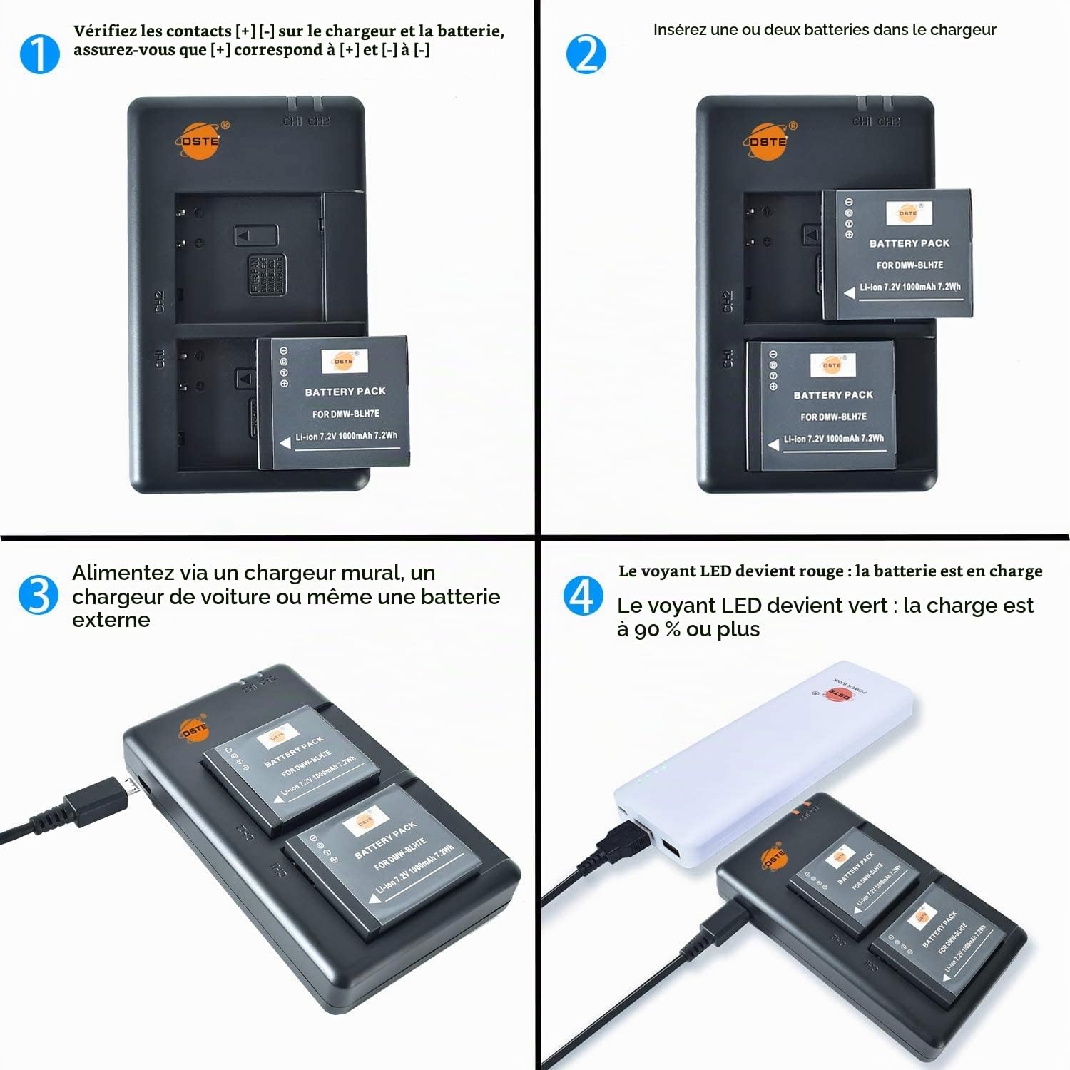 DSTE 2PCS DMW-BLH7E Batterie & Chargeur Compatible pour Panasonic Lumix DSC-GM1 DMC-GF7K DMC-GM1K