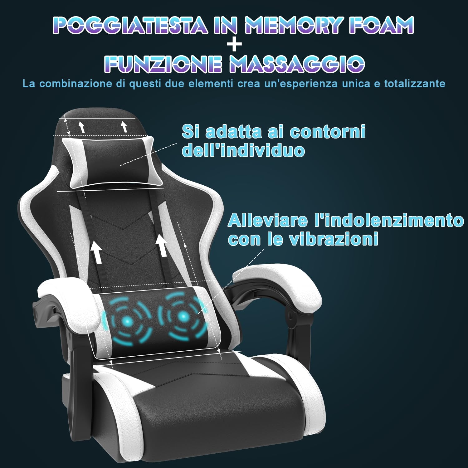 Devoko Sedia da Gaming Massaggiante con Poggiapiedi Telescopico, Sedia Gamer con Cuscino Lombare & Poggiatesta, Ergonomico Sedia da Ufficio Schienale Regolabile 90-135°, Portata 150 kg (Bianca)