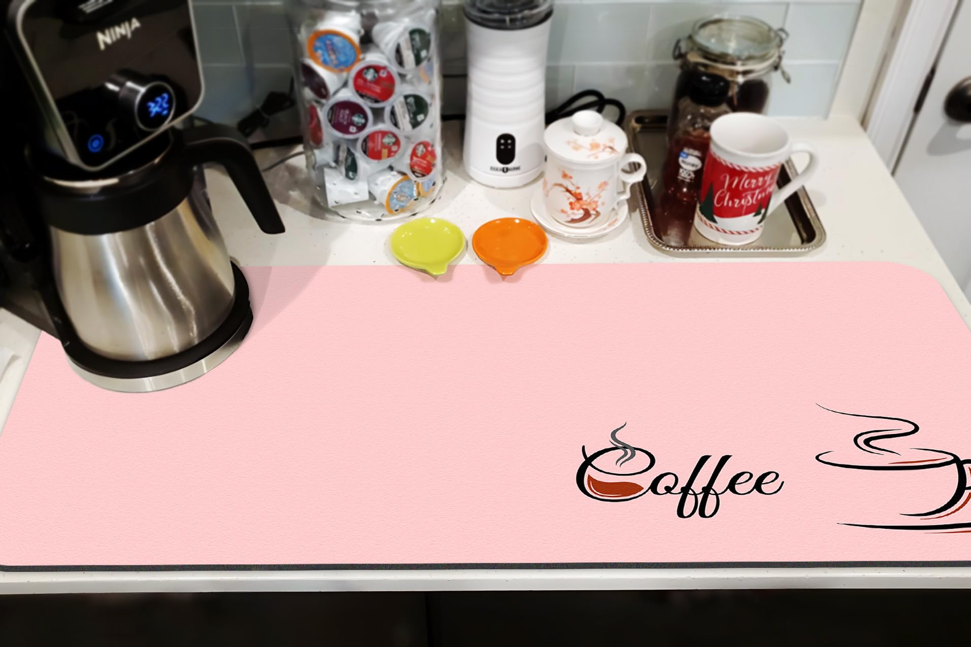 Coffee Bar Mat Accessories for Countertop Absorbent Hide Stain Rubber Backed Dish Drying Mats for Kitchen Counter Draining Pad Decor (31.5x17in)Pink