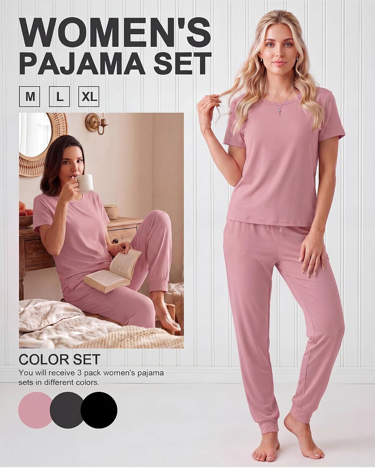 3 Pack Women 2 Piece Pajama Sets Crew Neck Short Sleeve Tops Jogger Pants Lounge Set Soft Sleepwear with Pockets
