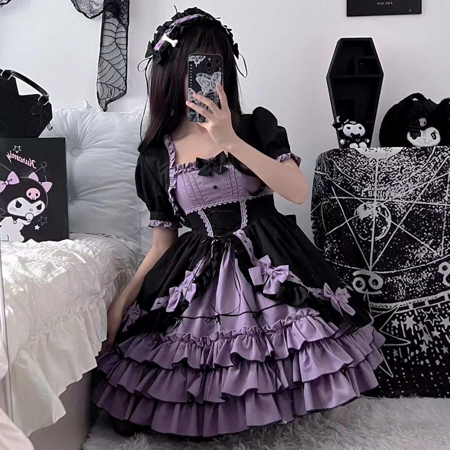 [SSUPTEMBER2] ゴスロリ ワンピース ロリータ ゴシック メイド服 白 黒 長袖 半袖 付け袖 フリル 秋冬 姫 ドレス コスプレ 衣装 レトロ 中世紀 宮殿風 貴族風 リボン 森ガール ゆめかわいい 萌え 女の子 ボリューム ハロウィン仮装 パーティー