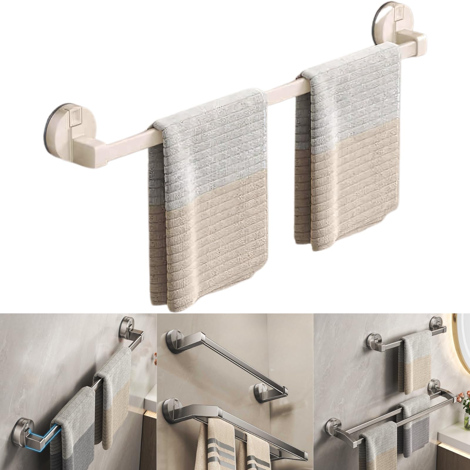 Toallero con ventosa para baño barra de acero inoxidable de 60 cm blanca para pared sin taladrar