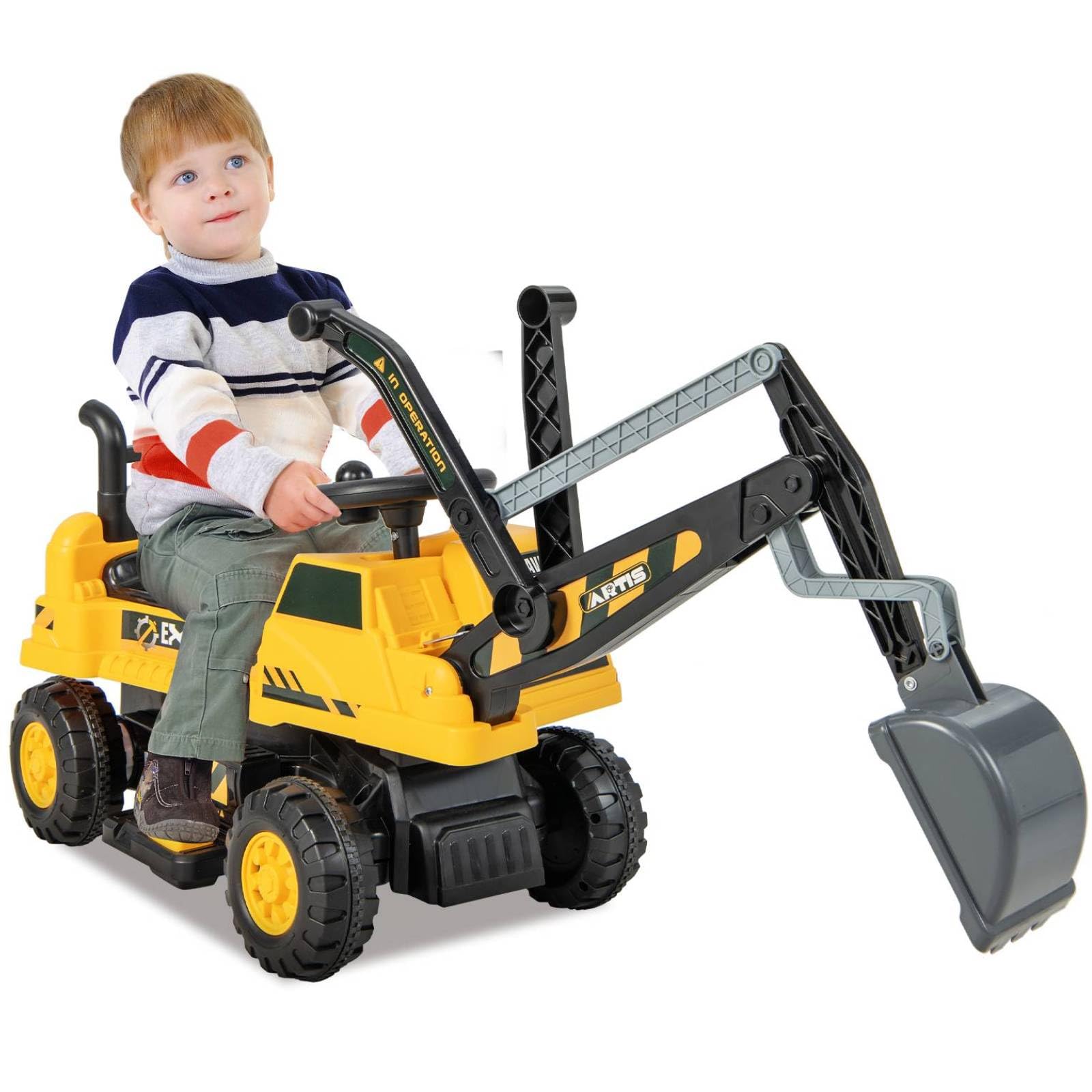 GYMAX Kids Electric Ride on Excavator, 6V Battery Powered Toy Car with Adjustable Arm & Shovel, Lights, Music, USB, Forward/Backward, Underneath Storage, Children Construction Vehicle for Boys Girls