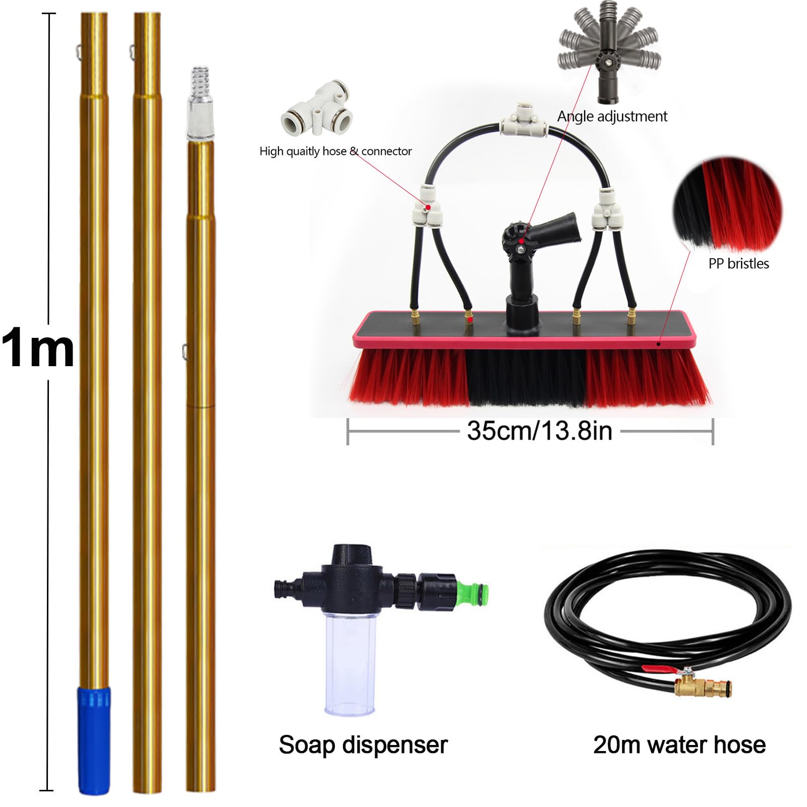 Kit Pulizia Pannelli Fotovoltaici Telescopica 3-15 Metri, con Dosatore di Sapone e 20m Tubo, Spazzola per Pannelli Solari Lavavetri, Scopa per Lavaggio Finestre Tetti (35cm Spazzola,3m)