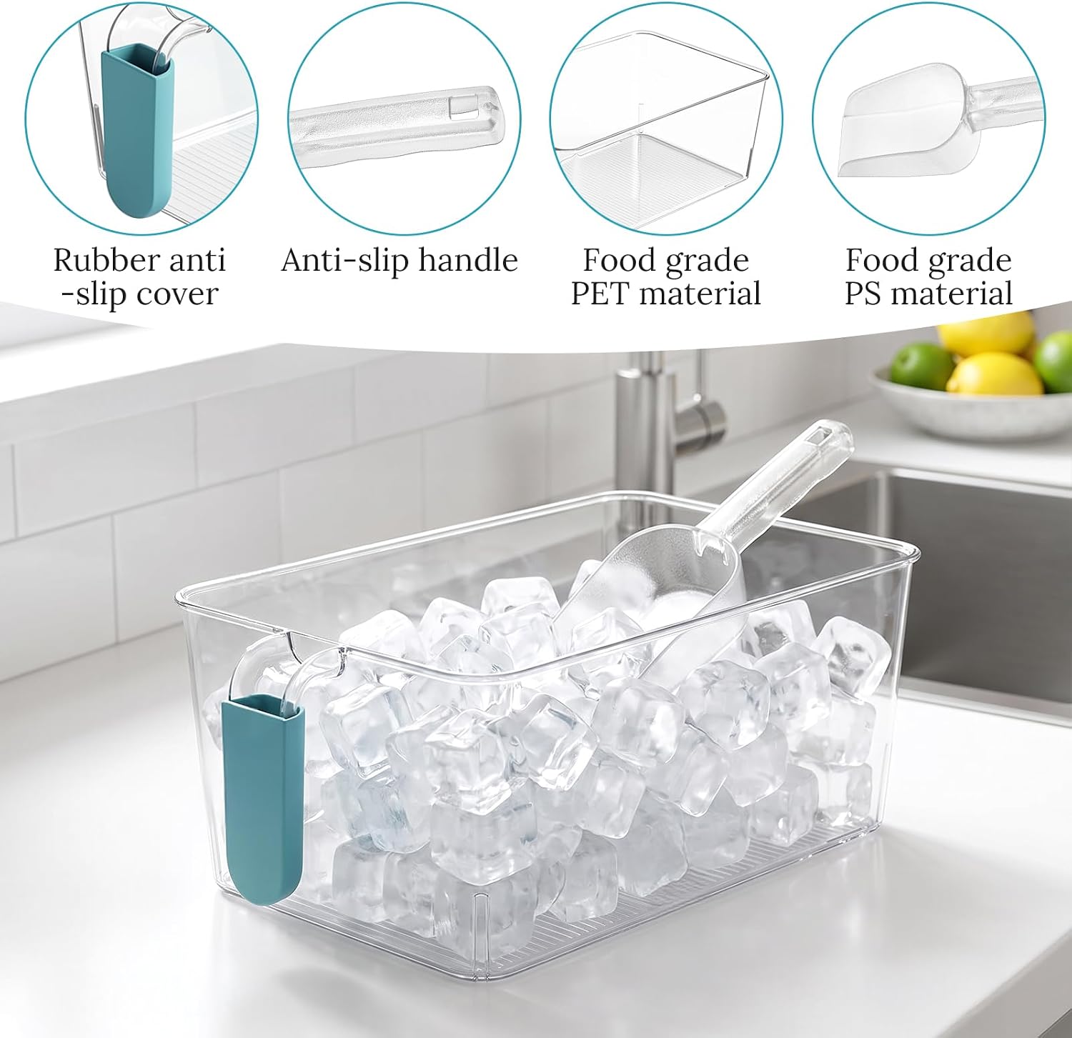 2 Set Ice Bucket for Freezer and Flexible Scoop Set, Plastic Ice Cube Bin with Pull Out Handle, Clear IceStorage Bin Container with Scoop for Kitchen, Freezer and Home Bars