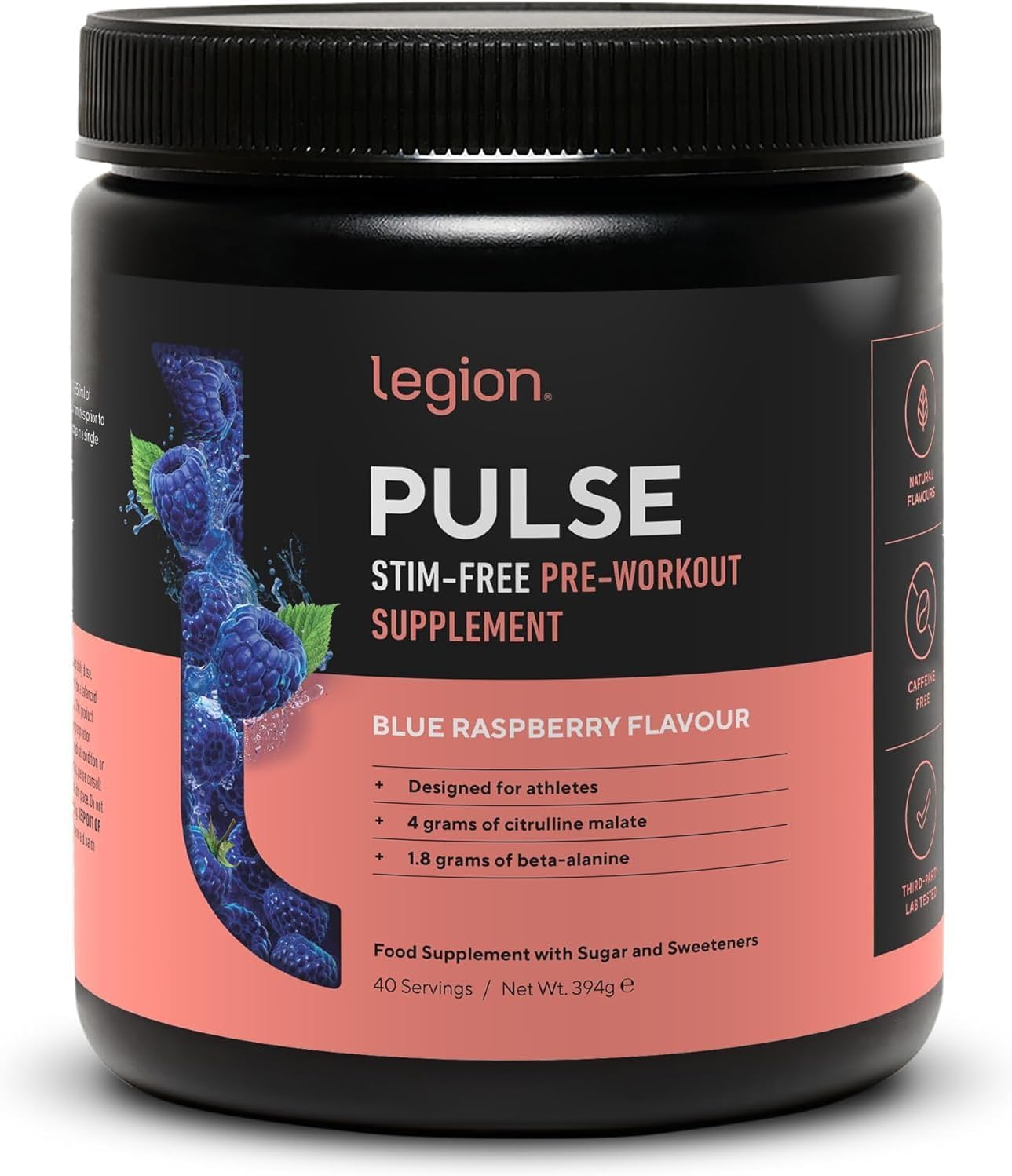 Legion Pulse Pre Workout Supplement - All Natural Nitric Oxide Preworkout Drink to Boost Energy, Creatine Free, Naturally Sweetened, Beta Alanine, Citrulline, (Caffeine-Free Blue Raspberry)