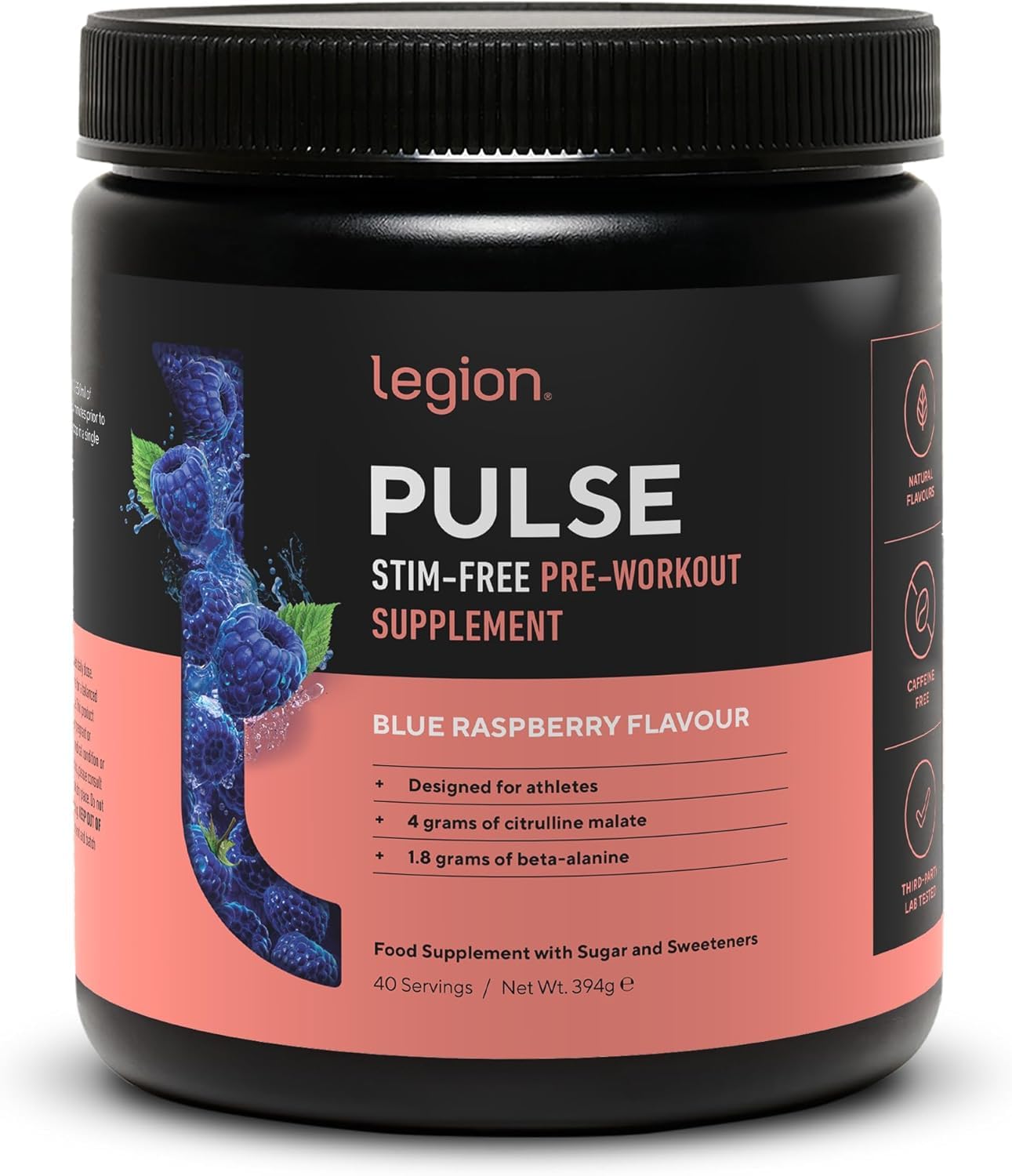Legion Pulse Pre Workout Supplement - All Natural Nitric Oxide Preworkout Drink to Boost Energy, Creatine Free, Naturally Sweetened, Beta Alanine, Citrulline, (Caffeine-Free Blue Raspberry)