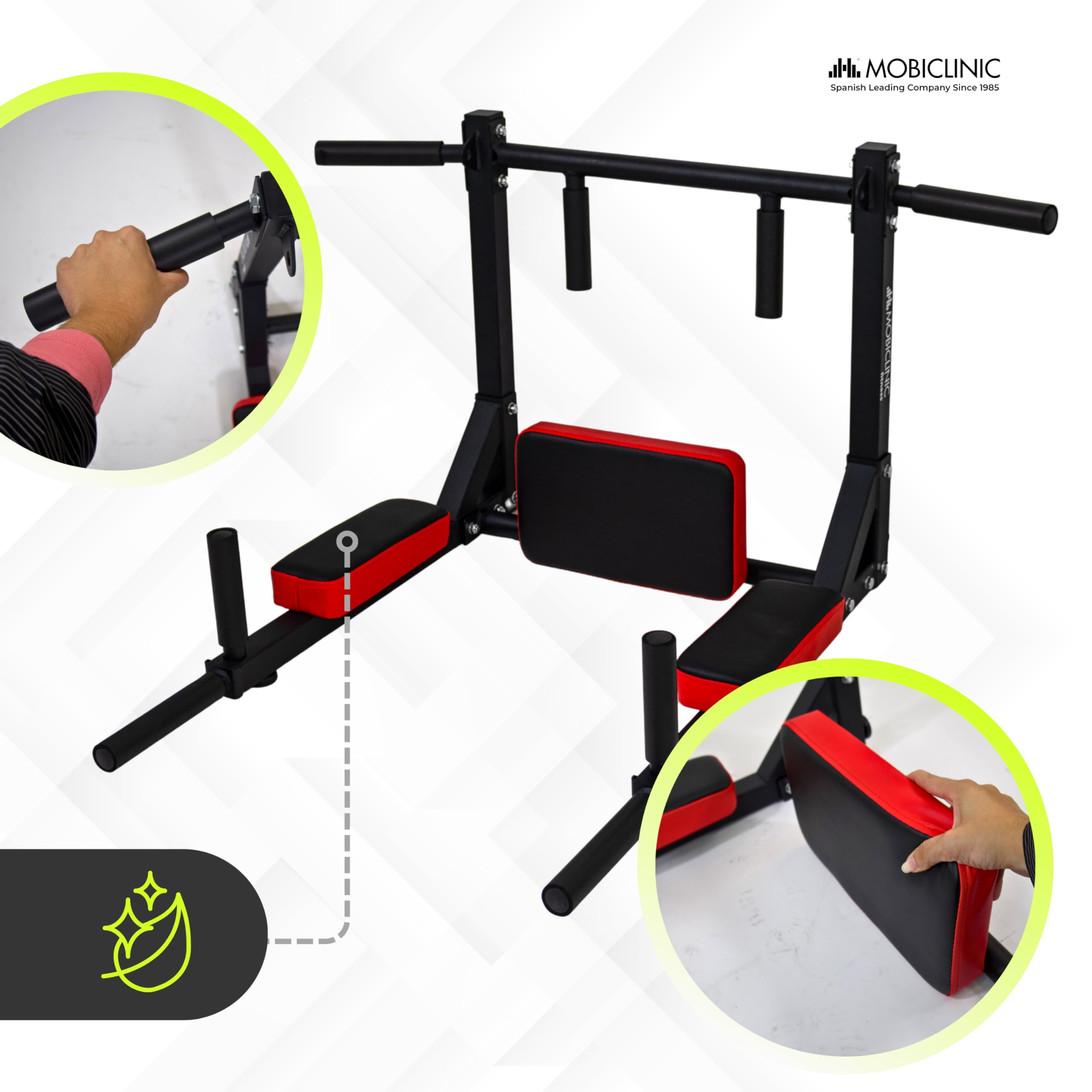 Mobiclinic®, Sbarra per Trazioni, 2 in 1, Struttura Reversibile per Dip, Trazioni e Addominali, Acciaio Rinforzato, Cuscino Posteriore e Supporti Imbottiti, 4 Ganci di Ancoraggio, Multifunzione, Q2