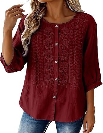 Embroidered Linen Tops for Women 3/4 Sleeve Button Boho Peasant Shirts Casual Gauze Clothes for 2026 Summer Beach