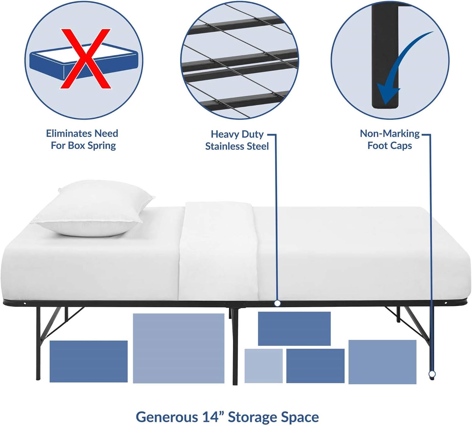 Ergode Horizon Metal Bed Frame | Stainless Steel | 14-inch Clearance | 1300 lbs Capacity | No Box Spring | Easy Assembly | Twin Size (MOD-5427-BRN-VV)