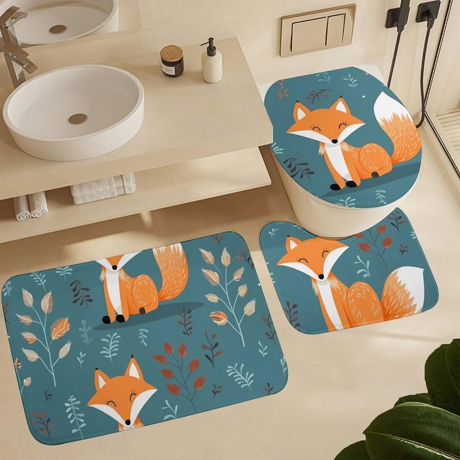 Cartoon Fox Pattern Shower Curtain Set 4 Piece, Non-Slip Bath Mat with Toilet Lid Cover and Waterproof Shower Curtain with 12 Hooks, Complete Bathroom Set for Home Decor