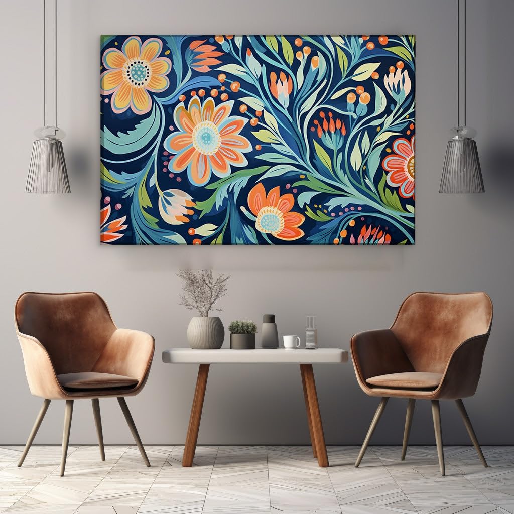 Canvas for Living room. Abstract Blossom Harmony in Orange and Blue: A Digital Painting Exploration, 27 x 18 inch Canvas Wall Art - Contemporary Masterpieces - Modern Home Decor