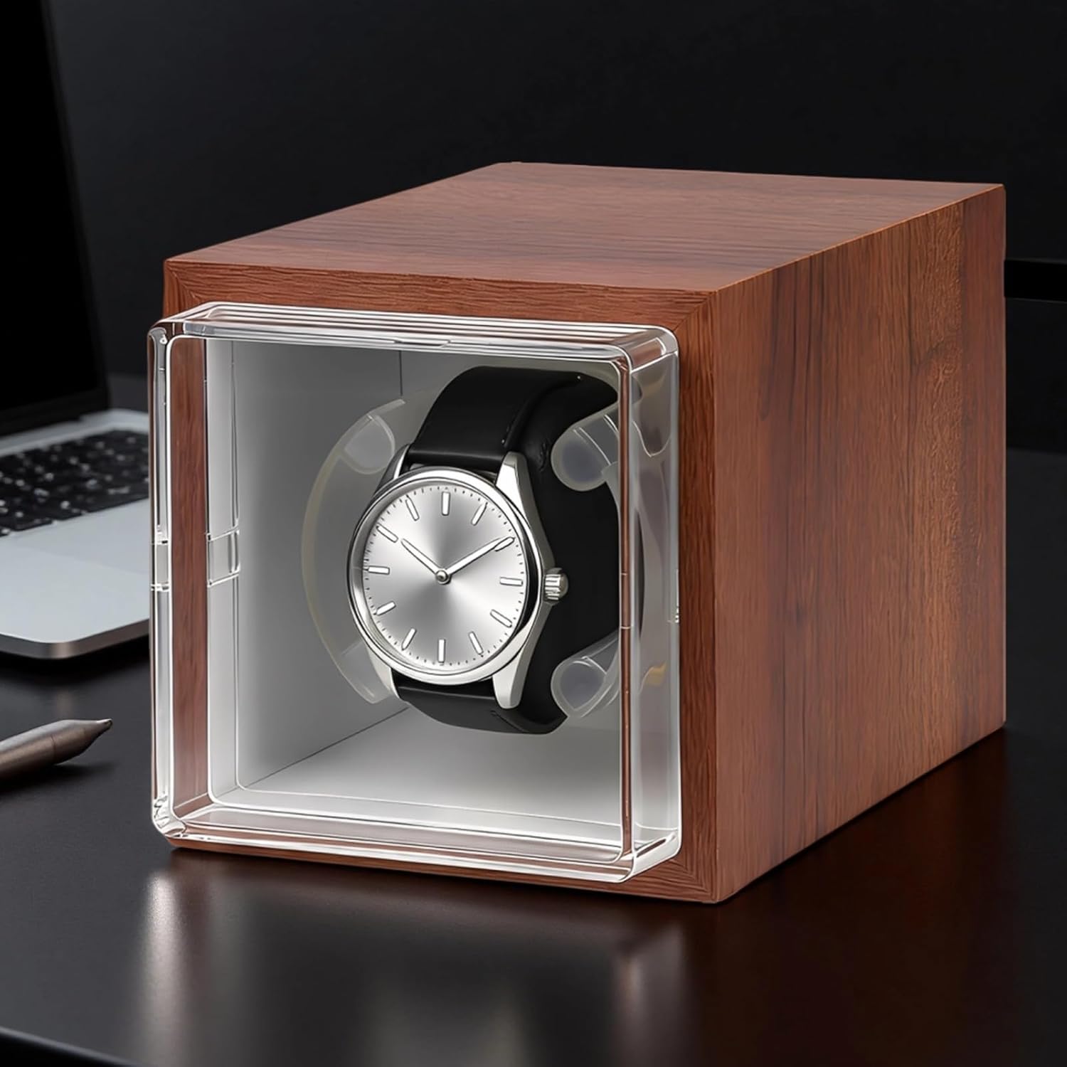 Watch Winder For Automatic Watches, Single, Quiet Motor, Anti-Magnetization, Walnut Wood Grain, Led Light, Clear Window, Compact 20 X 15 X 15 Cm