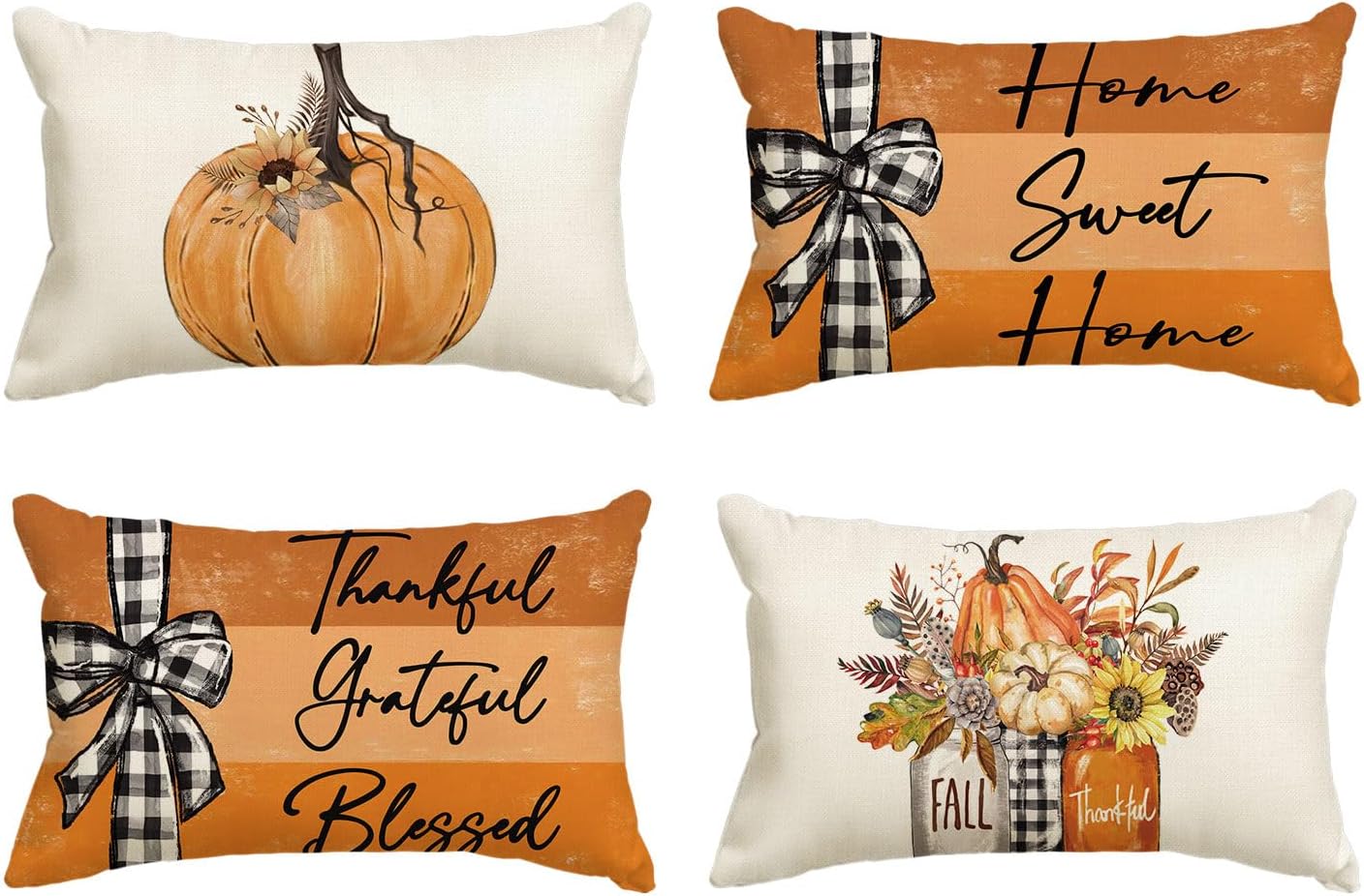  Fall Pumpkin Home Sweet Home Throw Pillow Covers, 12 x 20 Inch Autumn Thankful Grateful Blessed Harvest Floral Decorations for Sofa Couch Set of 4, Blue thumbnail