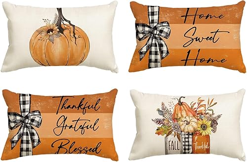 AVOIN colorlife Juego de 4 fundas de almohada de otoño con diseño de calabaza y dulce hogar, 12 x 20 pulgadas, decoración de otoño agradecida