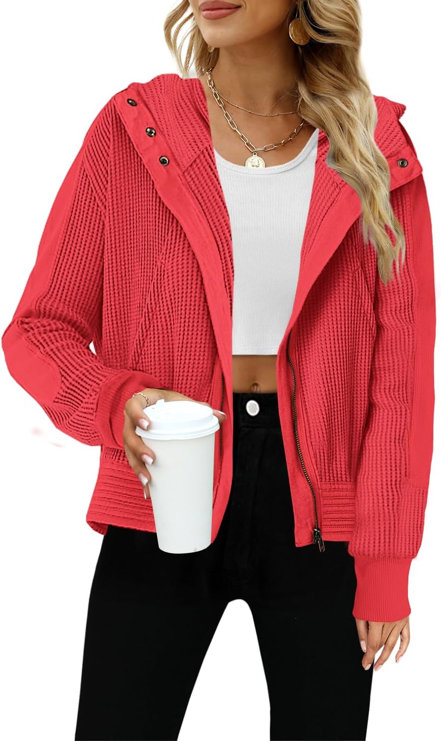 Yanekop Cropped Zip Up Hoodie Women Waffle Knit Fall Jackets Casual Corduroy Jacket 2025 Fall Outfits with Pockets